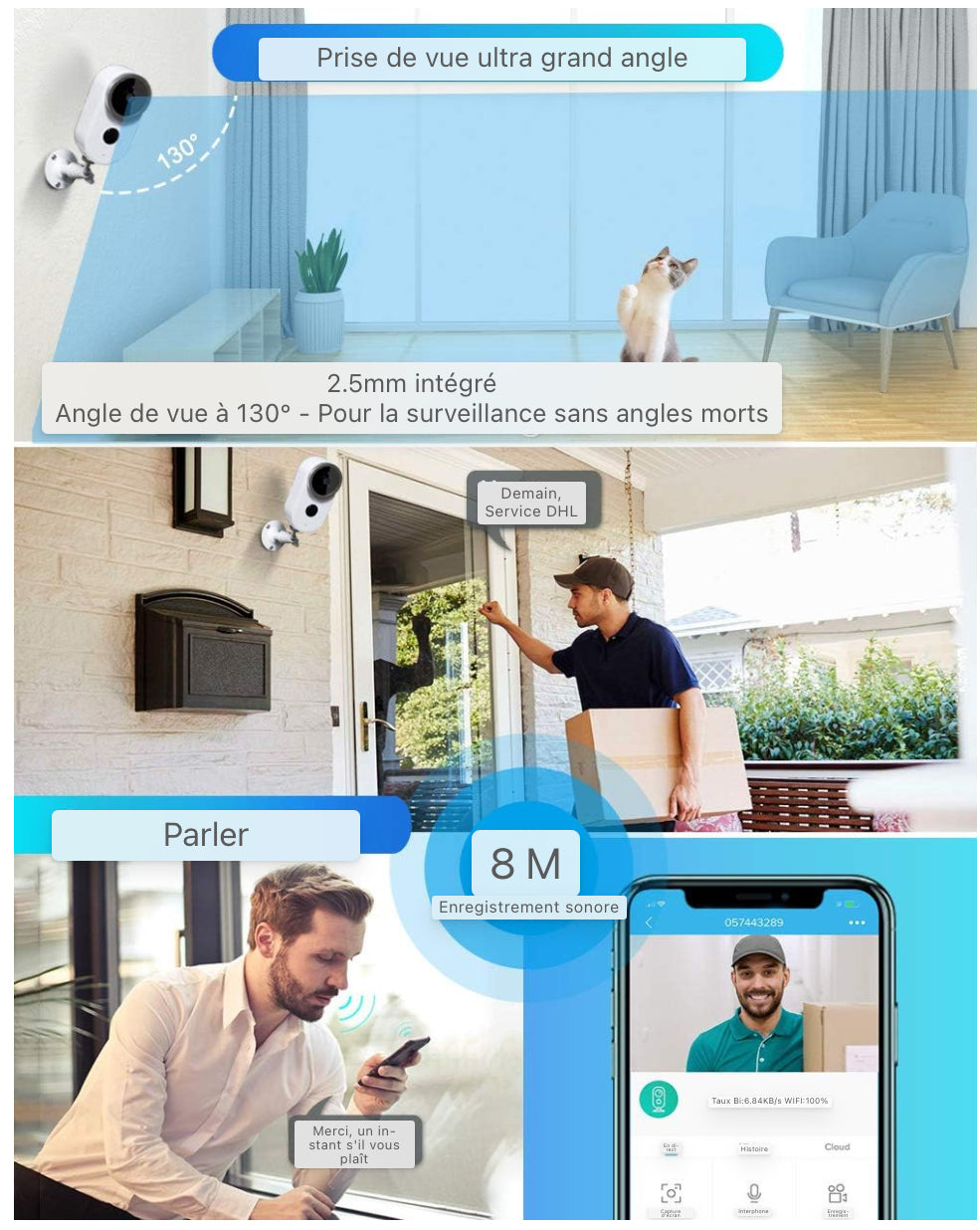 Caméra de sécurité sans fil WLAN 1080P Caméra IP pour extérieur et intérieur, fonctions de détecteur de mouvement PIR et interphone, sirène d'alarme manuelle Vision nocturne étanche Caméra WiFi IP65 et accès à distance