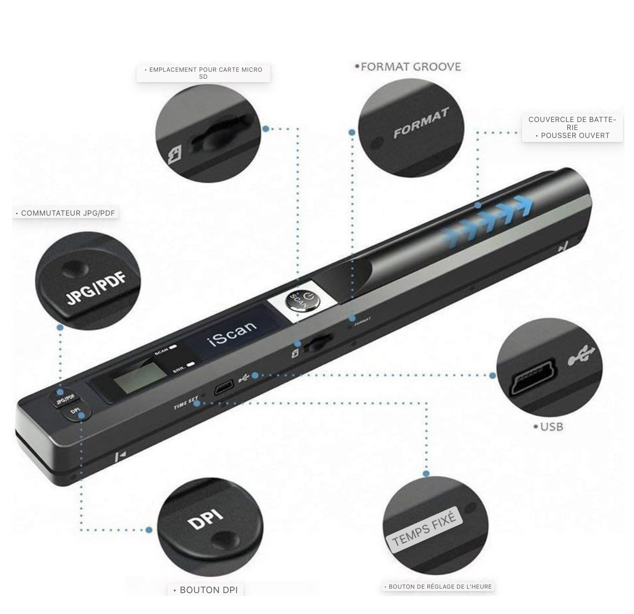 Scanner à main Scanner de documents couleur de résolution 900DPI Scanner portable sans fil A4 avec carte 8G Micro SD Format JPG et PDF Noir (Pack MEHRWEG)