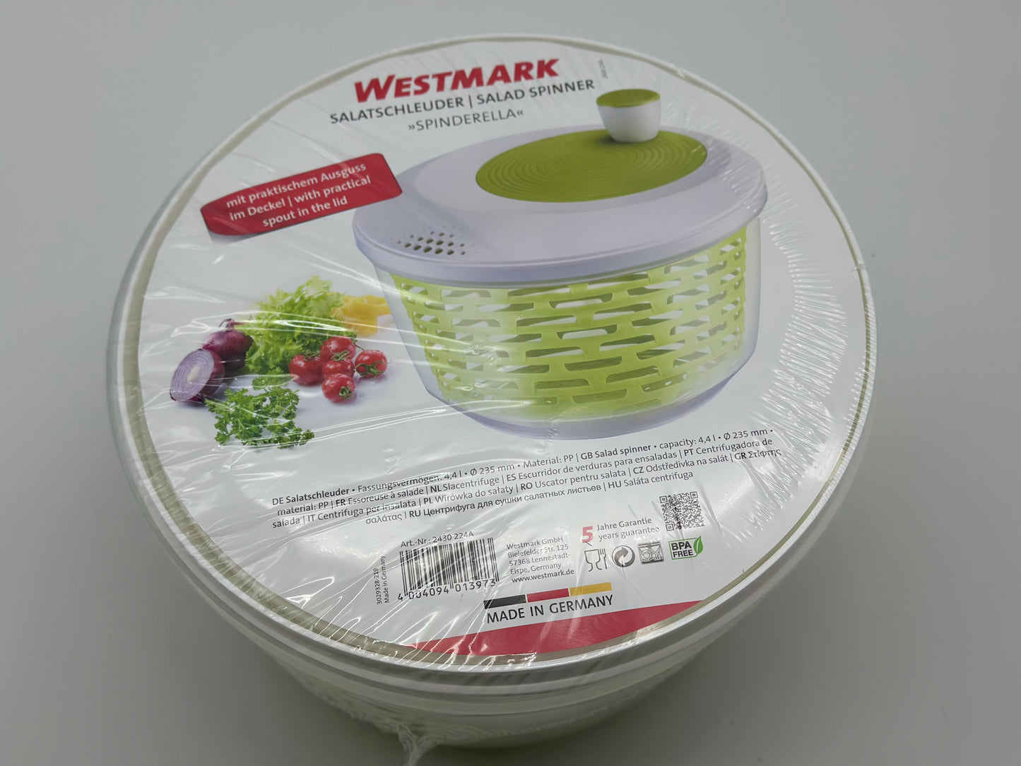 Westmark Essoreuse à Salade, Capacité : 4,4 L, ø 23,5 cm, Plastique, Sans BPA, Spinderella, Couleur: Transparent/Blanc/Vert