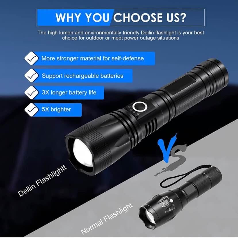 Lampe Torche Led Ultra Puissante, 10000 Lumens Zoomable étanche à l’eau neuve piles/rechargeable