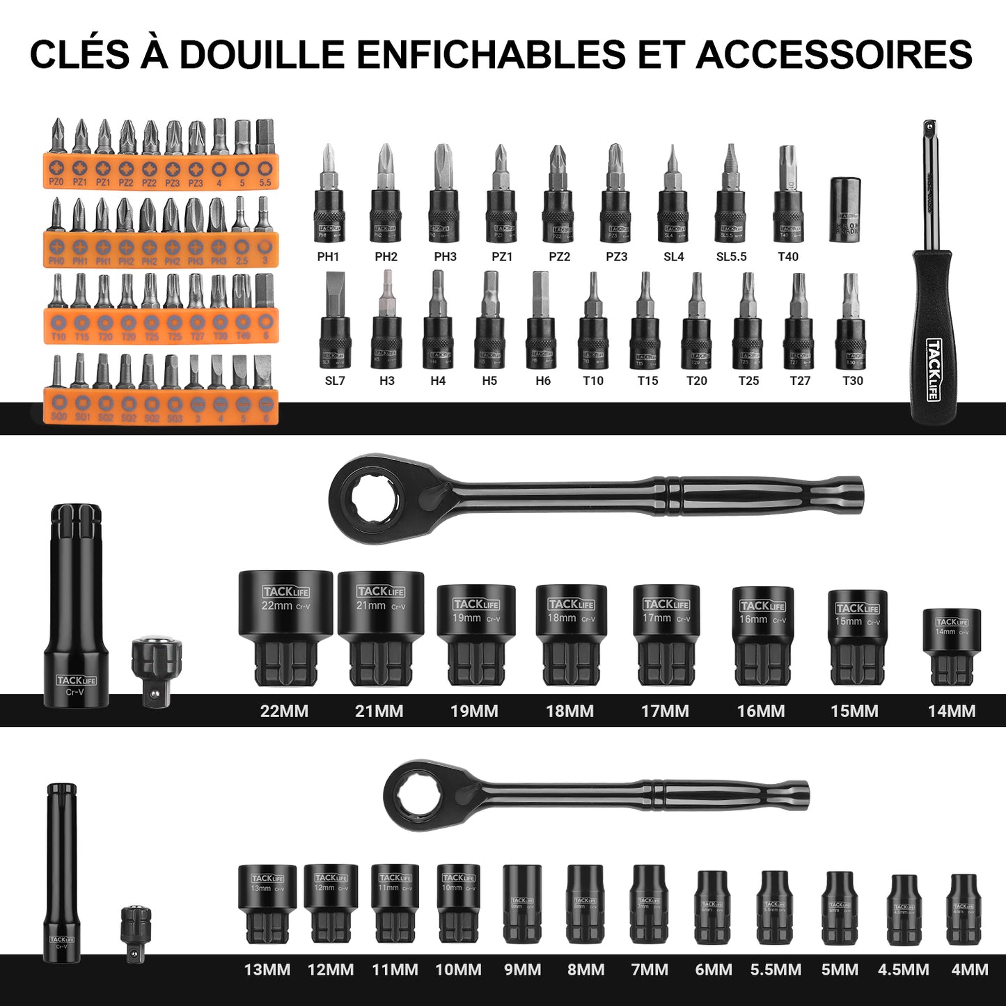 88 Pcs Jeu de douilles TACKLIFE, Clés à Douille 12 pans, Cliquets 72 dents, Adaptateur 1/4" et 3/8", Barre d'extension - SWS2A