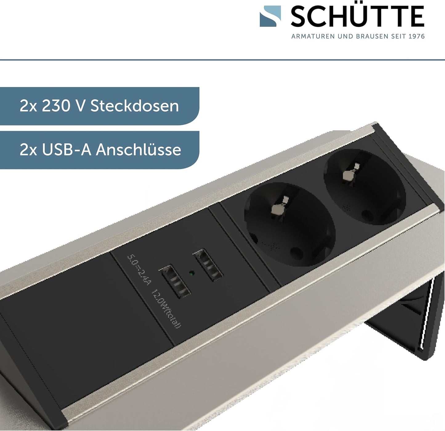 SCHÜTTE Multiprise Pliable pour Plan de Travail (2 Ports USB et 2 Prises de 230 V), Prise encastrable pour la Cuisine à équiper, Prise de Table en Acier Inoxydable