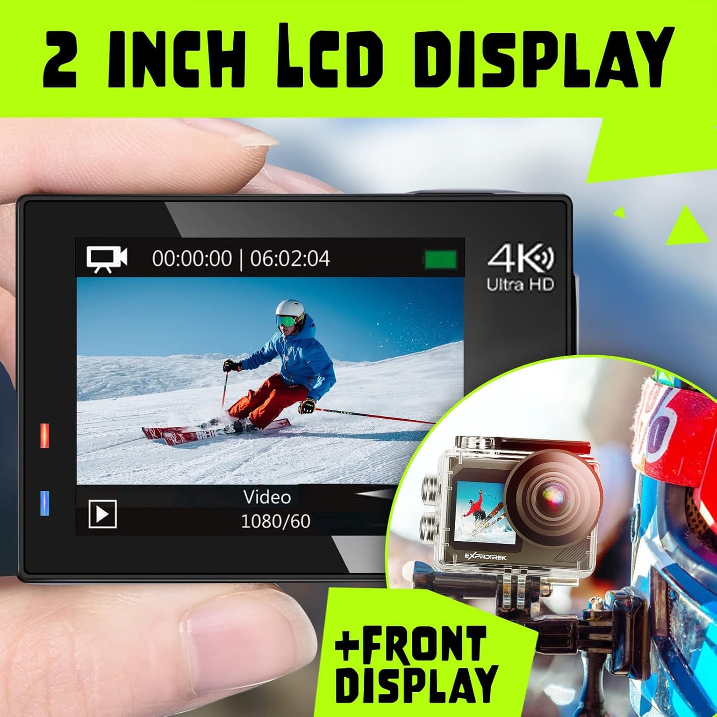Exprotrek Action Camera 4K 30fps Ultra HD, Caméra d'action 40 m 100 Pieds étanche WiFi Ultra Grand Angle 170°, télécommande, 2 Batteries et kit d'accessoires pour Casque