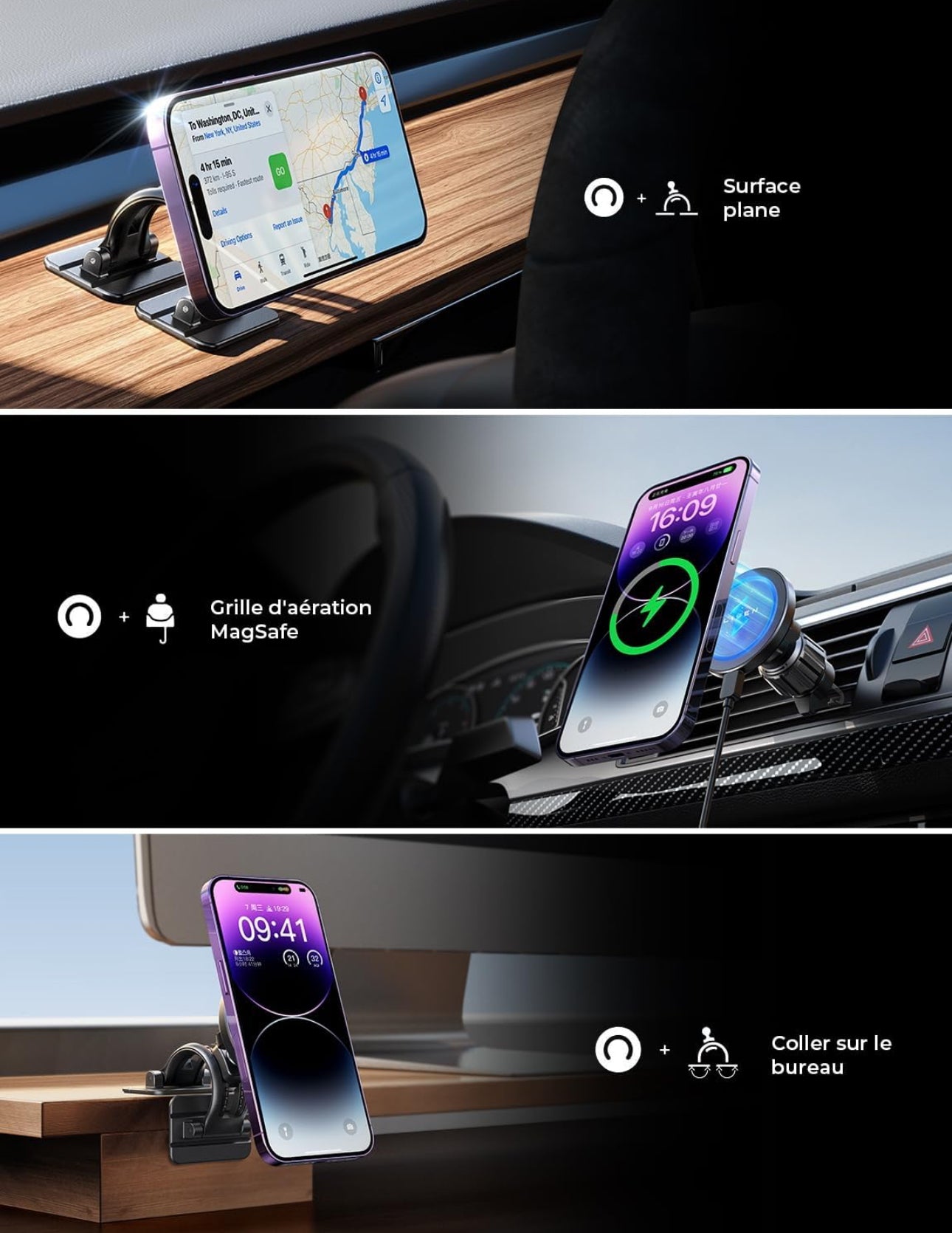 LISEN 15W Support Telephone Voiture Induction, Chargeur Magsafe Voiture【Rotation à 360°/Puce Intelligente】 Telephone Voiture Magnétique Chargeur sans Fil Voiture pour iPhone 15 14 13 Pro Max Samsung