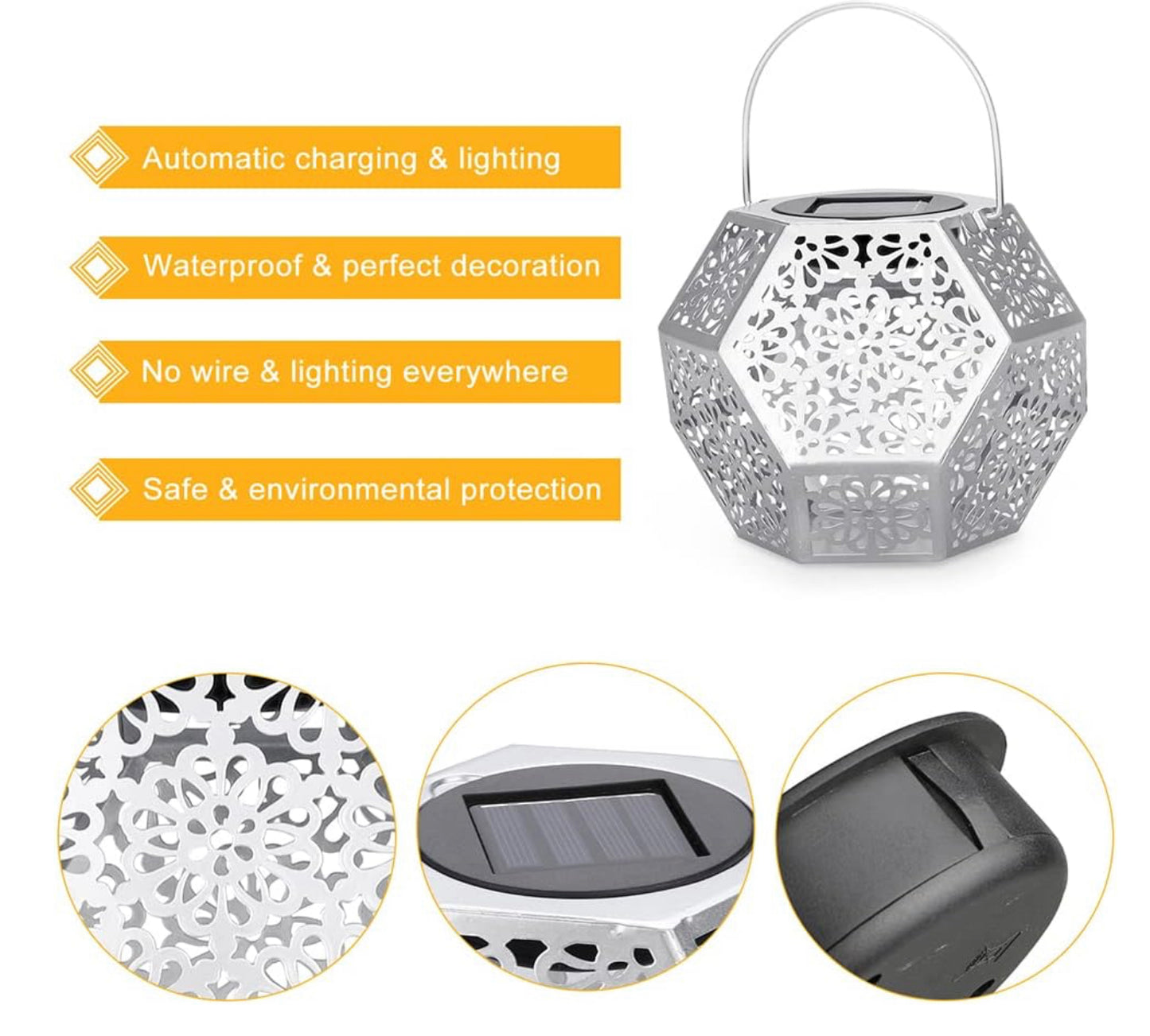 Lanterne Solaire LED Exterieur Lampe Solaire de Jardin Exterieur Suspendue Étanche Lumière Accrochant Éclairage Décorative Forme de Diamant pour Jardin Patio Pelouse Couloir Allée - Argent