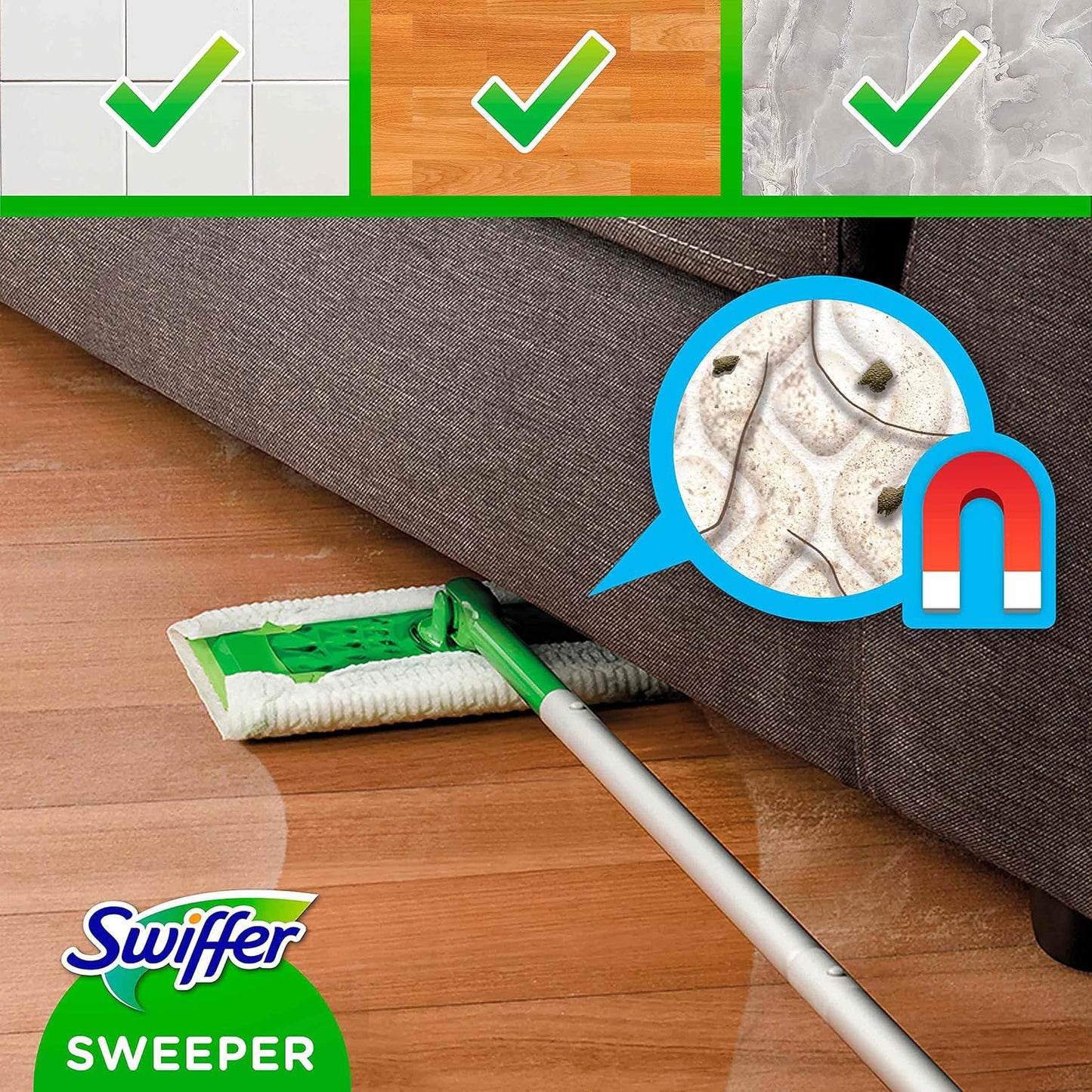 Swiffer Set de démarrage pour essuie-glaces 1 essuie-glace + 8 chiffons secs, essuie-glace idéal contre la poussière, les poils d'animaux et les allergènes