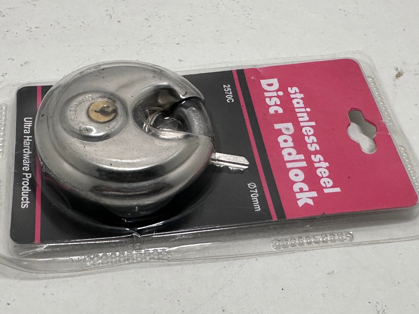 Cadenas en acier inoxydable Forme ronde 70 mm grande Distribution gâteau Lock entrepôt Porte Disc Chaîne antivol Serrure avec 2 clés