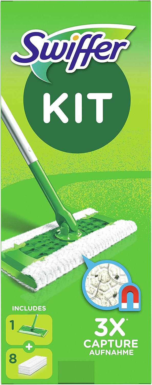 Swiffer Set de démarrage pour essuie-glaces 1 essuie-glace + 8 chiffons secs, essuie-glace idéal contre la poussière, les poils d'animaux et les allergènes