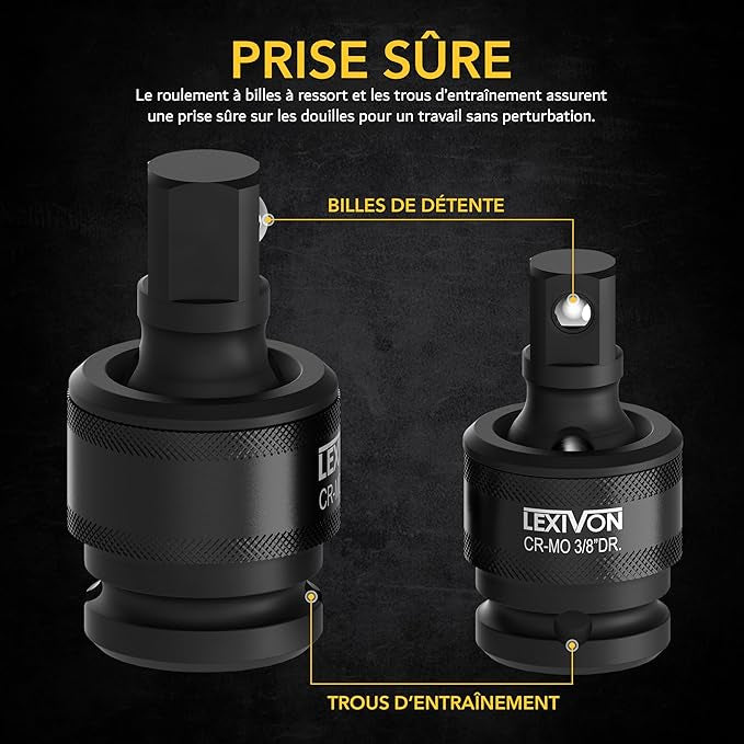 LEXIVON Cardan 1/2" 3/8" et 1/4" pour clé à choc ou cliquet embouts outils, qualité primium neuf