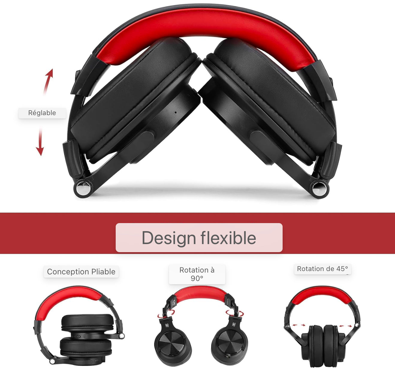 Casque Bluetooth Over Ear, 72 heures HiFi Casque stéréo sans fil, casque sans fil avec prise jack 6.35mm & 3.5mm pour Studio DJ Téléphone portable PC AMP - Rouge
