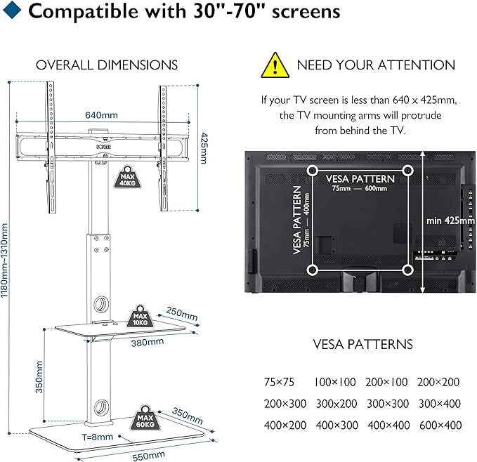 Support TV sur Pied pour 30-70 Pouces Montage au Sol Téléviseurs Incurvés Plats LED OLED LCD jusqu'à 40 kg, Pivotant Hauteur Réglable avec 2 Etagères, Max VESA 600x400 mm