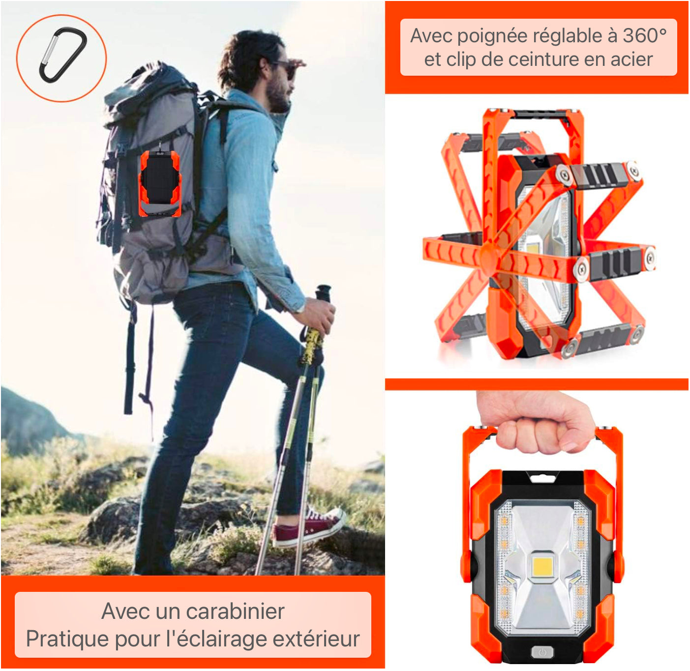 LED Projecteur de construction Batterie, Lampe de travail LED Lampe de camping, Batterie rechargeable USB solaire Powerbank, Lampe de travail magnétique Étanche COB Portable Flood Light avec 4 modes d'éclairage, Rotation à 360°, SOS
