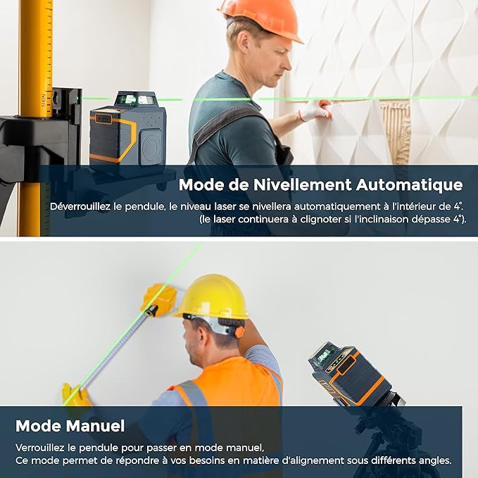 Niveau Laser 360°, Auto-nivelant Ligne Horizontale 360° + Ligne Laser Verticale rechargeable USB-C