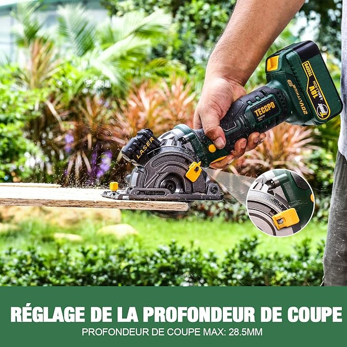 Scie Circulaire sans Fil TECCPO, 18V 4.0Ah Batterie, 4.0A Chargeur Rapide, Guide de Laser, Boîte de Transport, Vitesse 3,100 RPM, 3 Lames Ø 89mm, Convient à la Coupe du Bois, du Métal, des Carreaux