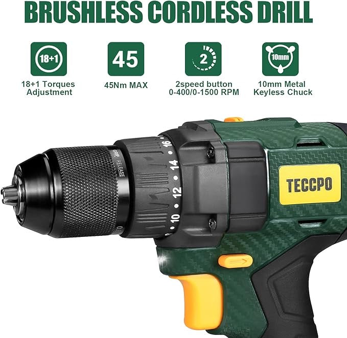 TECCPO Perceuse Visseuse sans Fil Brushless, 45Nm, Chargeur Rapide, 1 Batterie 2000mAh, 2 vitesses