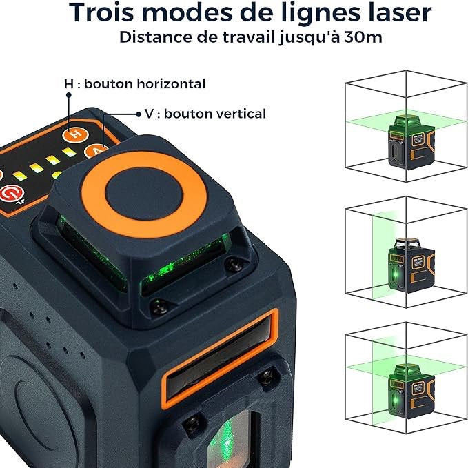 Niveau Laser 360°, Auto-nivelant Ligne Horizontale 360° + Ligne Laser Verticale rechargeable USB-C