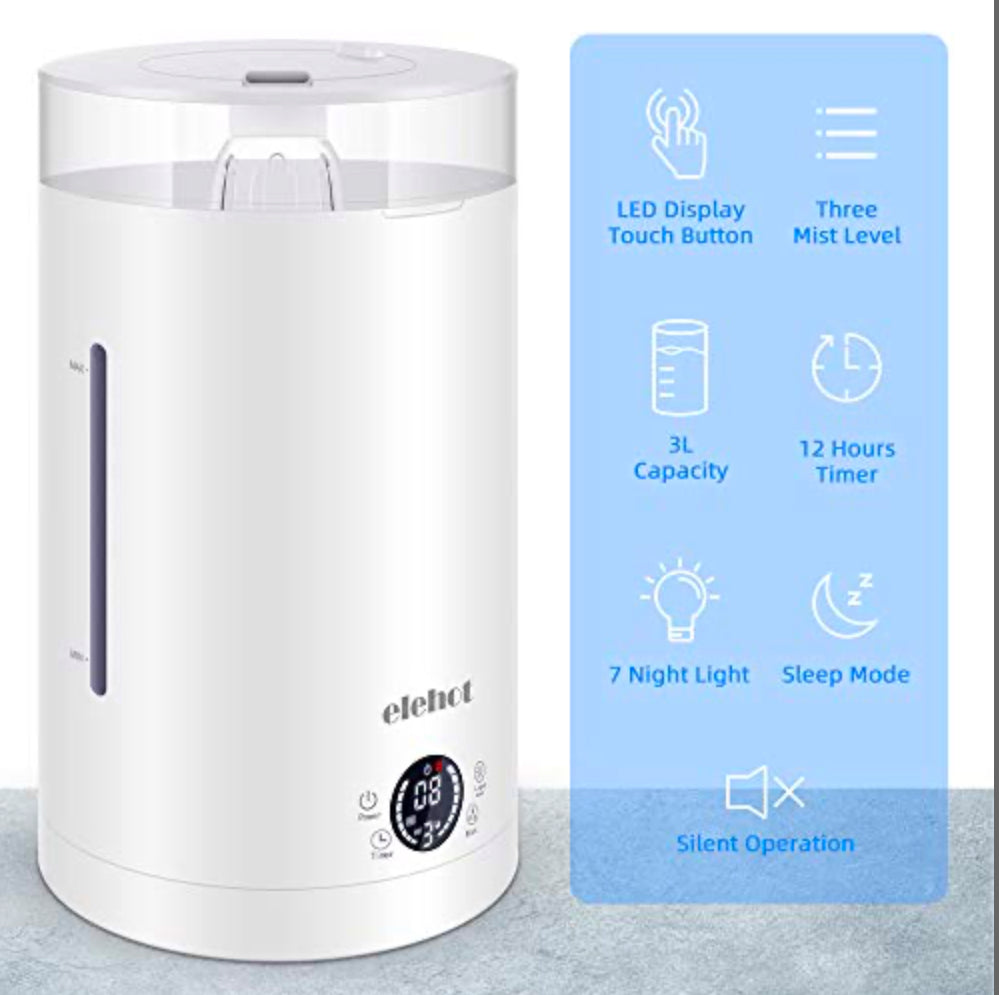 Humidificateur d’Air Bébé Maison Chambre 3L Humidificateur Ultrasonique Silencieux ELEHOT