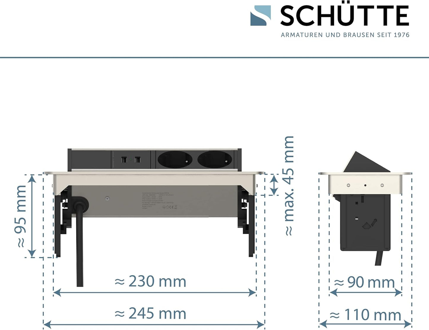 SCHÜTTE Multiprise Pliable pour Plan de Travail (2 Ports USB et 2 Prises de 230 V), Prise encastrable pour la Cuisine à équiper, Prise de Table en Acier Inoxydable