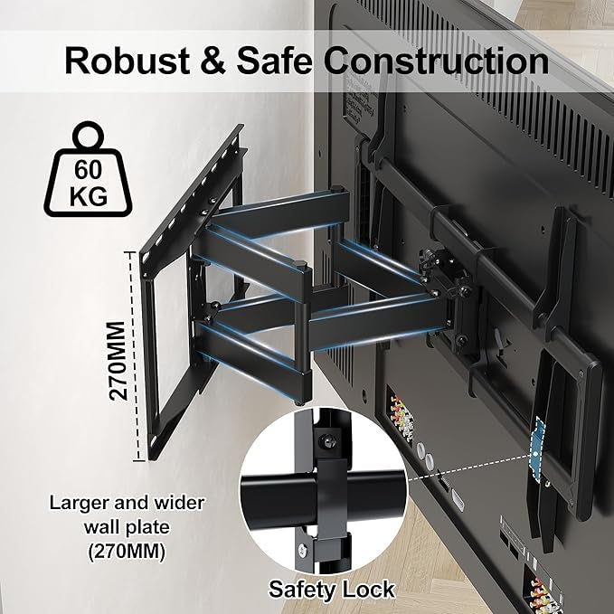 Support Mural TV pour Téléviseurs de 37-85 Pouces, Fixation Murale TV Peut Contenir Jusqu'à 60kg, Support TV Pivotant et Inclinable avec Bras Double Extensible, Max VESA 600x400mm