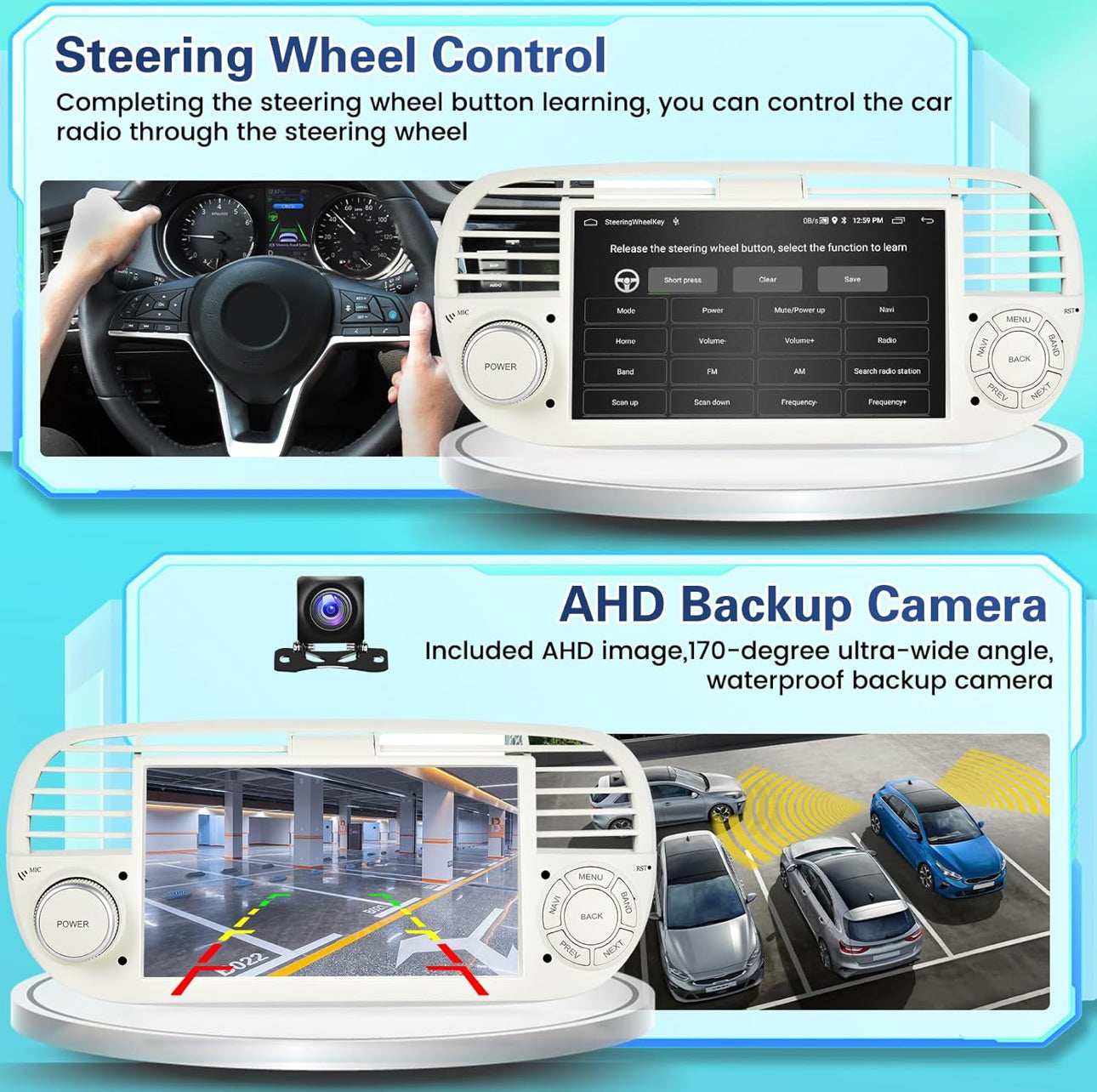 Autoradio 2+64G Android pour Fiat 500 2007-2015 avec sans Fil Carplay Android Auto, Ecran Tactile 7 Pouces avec Bluetooth/WiFi/GPS/Caméra de Recul/FM/RDS/SWC