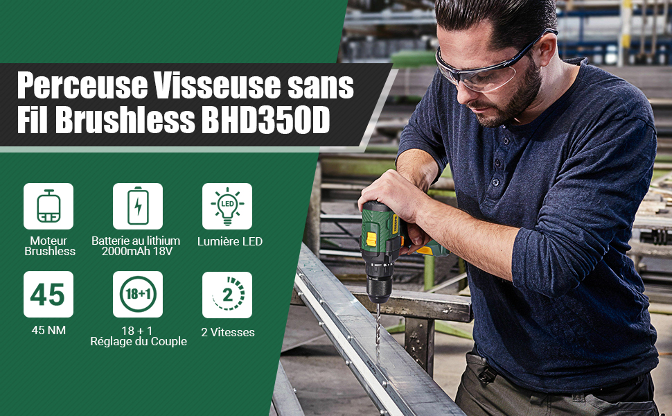 TECCPO Perceuse Visseuse sans Fil Brushless, 45Nm, Chargeur Rapide, 1 Batterie 2000mAh, 2 vitesses