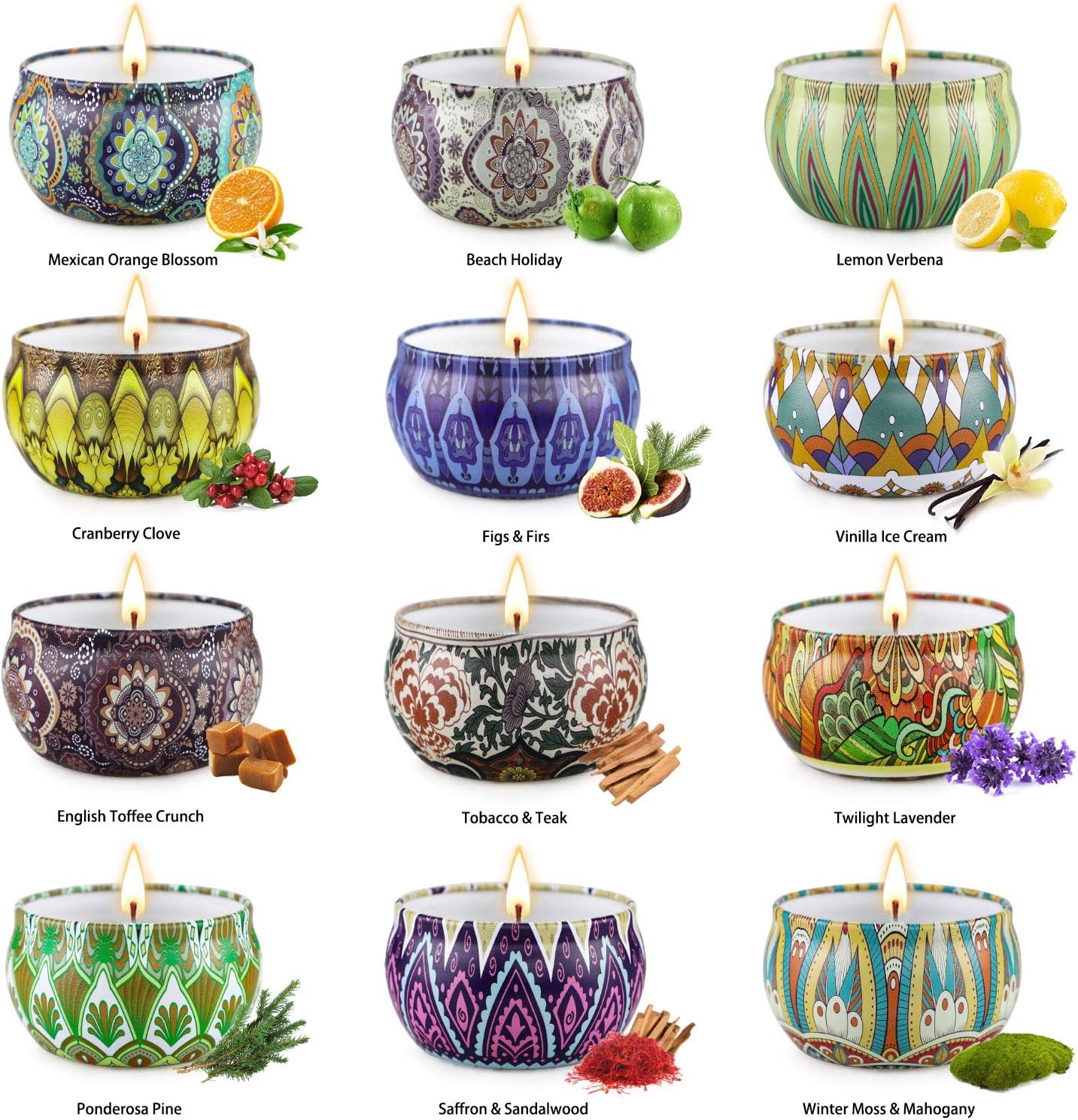Coffret Cadeau de Bougies Parfumées, 12 bougies d'aromathérapie, Bougies 100% Soja neuves
