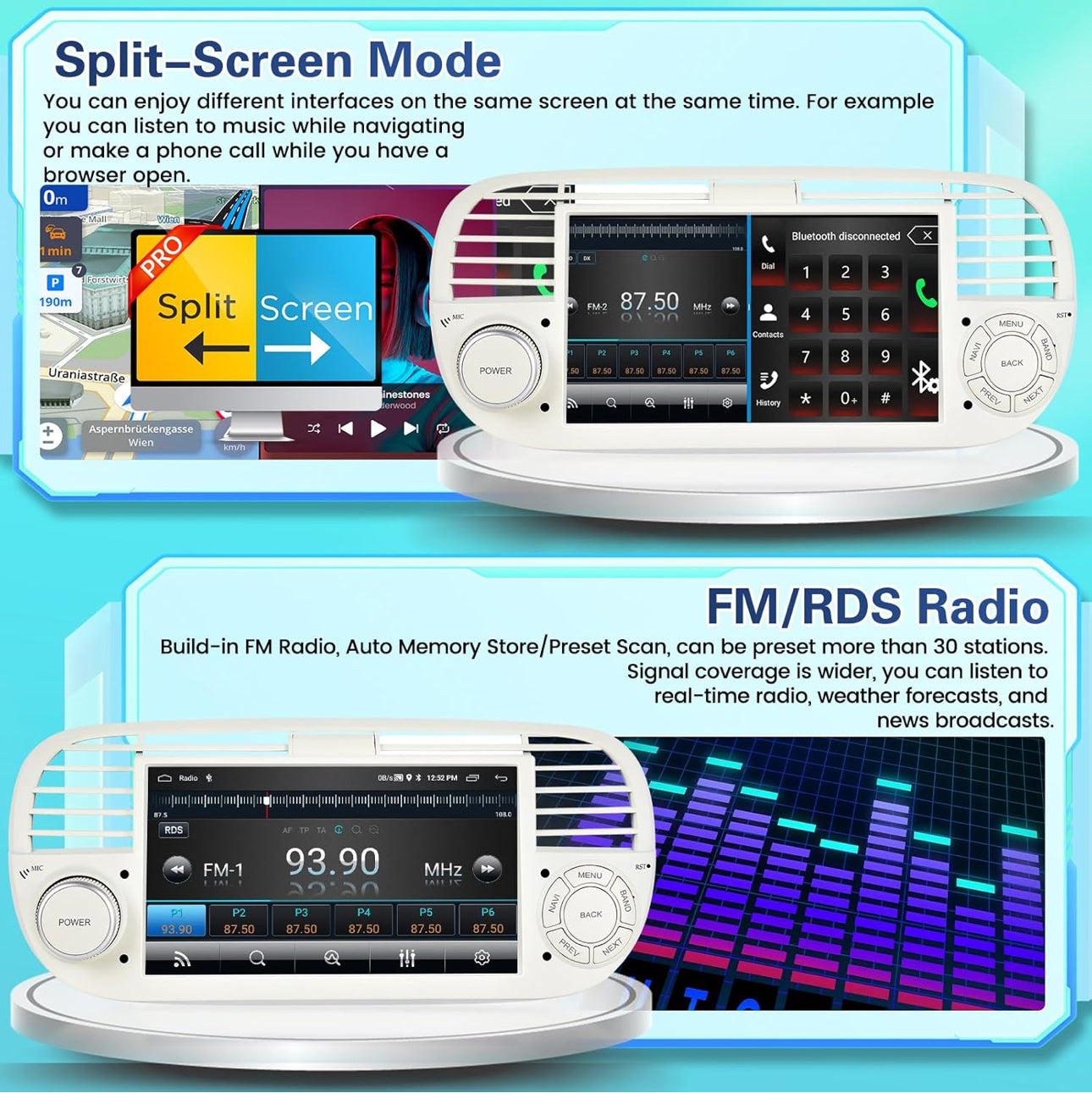 Autoradio 2+64G Android pour Fiat 500 2007-2015 avec sans Fil Carplay Android Auto, Ecran Tactile 7 Pouces avec Bluetooth/WiFi/GPS/Caméra de Recul/FM/RDS/SWC