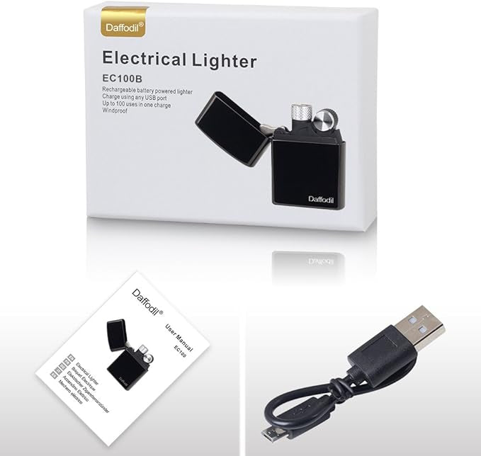 Daffodil Briquet USB Electrique Rechargeable Noir Tempête sans Flamme Anti-Vent Briquet Électronique à Batterie Rechargeable Via USB