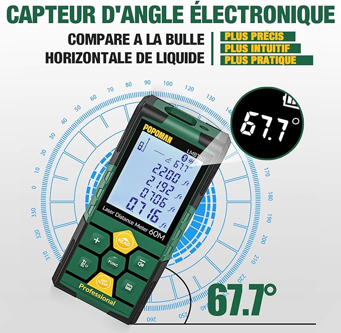 Mesure de distance laser POPOMAN, rechargeable avec Bluetooth 60m Transfert