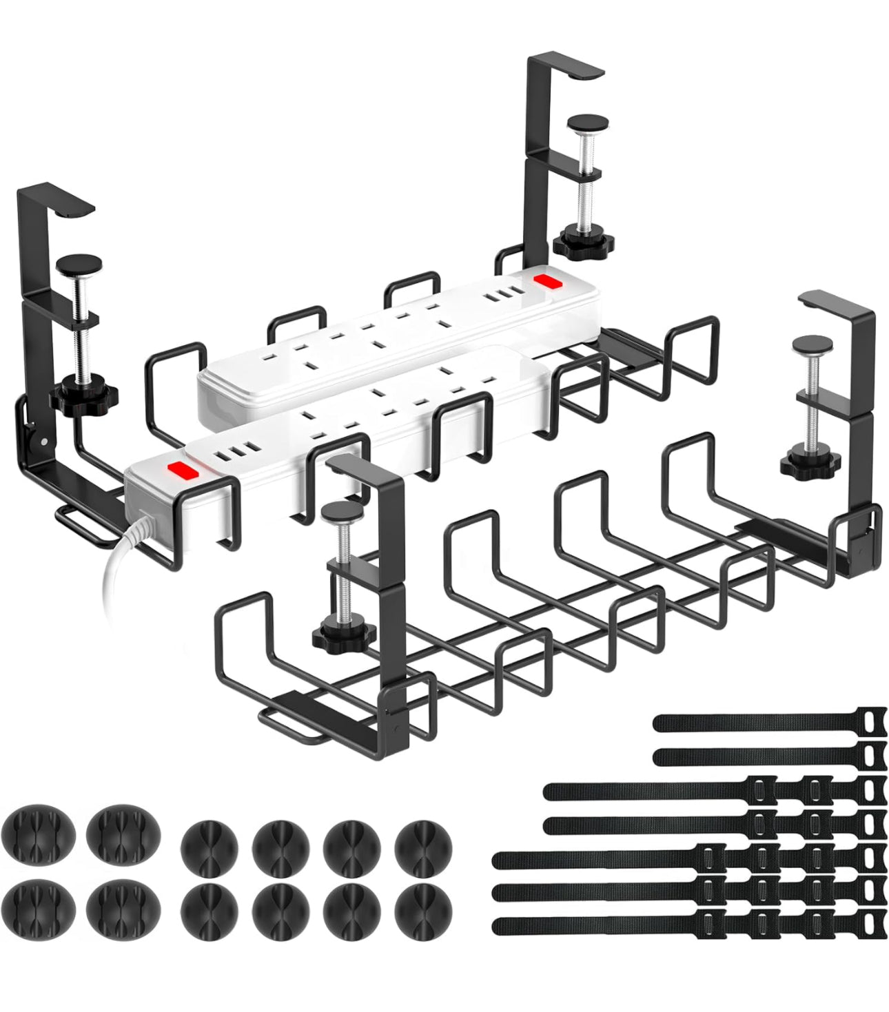 Lot de 2 plateaux de gestion de câbles sans perçage sous le bureau, organiseur de câbles en métal pour la gestion des fils, panier de câbles avec bandes de câbles, noir