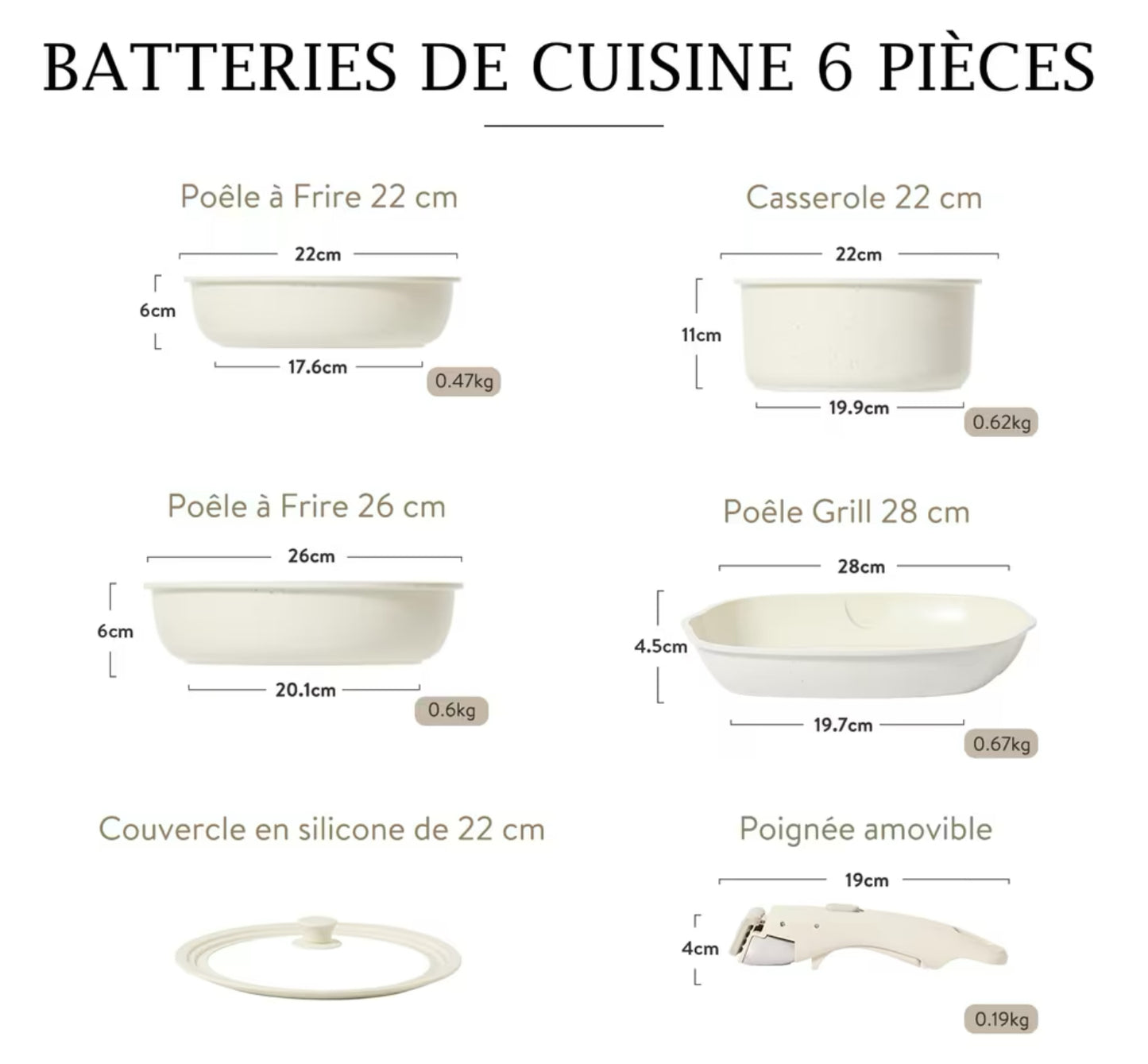 Set de 6 Pièces Carote - Poêles 22, 26, 28cm, Casserole 22cm, Poignée Amovible, Antiadhésif, Couvercles, Batterie Induction