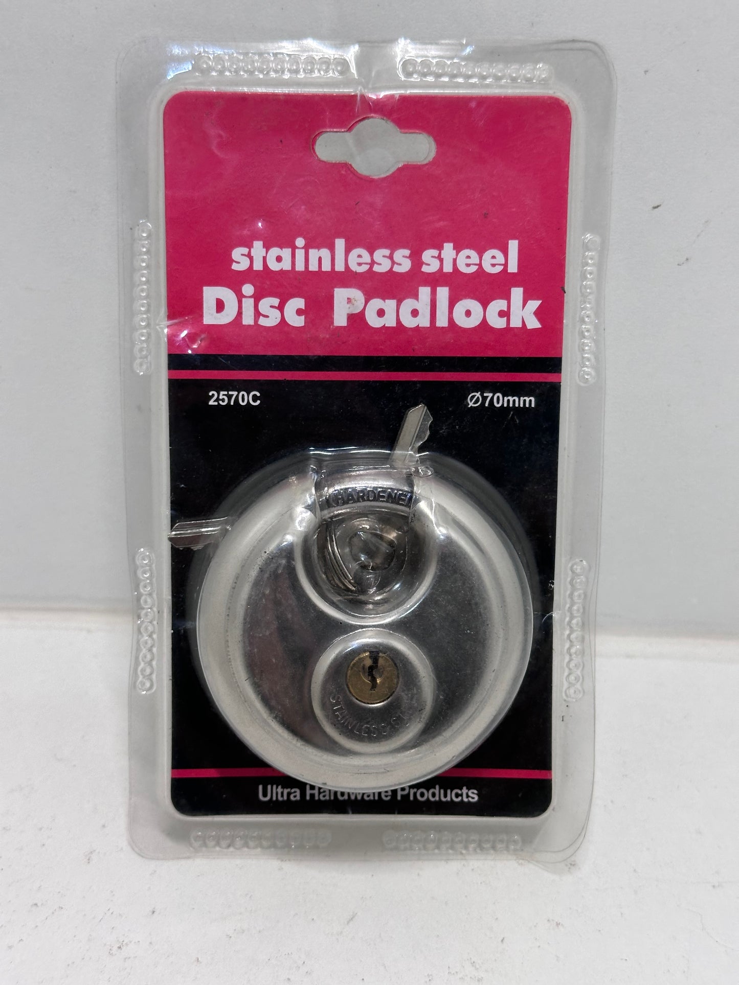 Cadenas en acier inoxydable Forme ronde 70 mm grande Distribution gâteau Lock entrepôt Porte Disc Chaîne antivol Serrure avec 2 clés