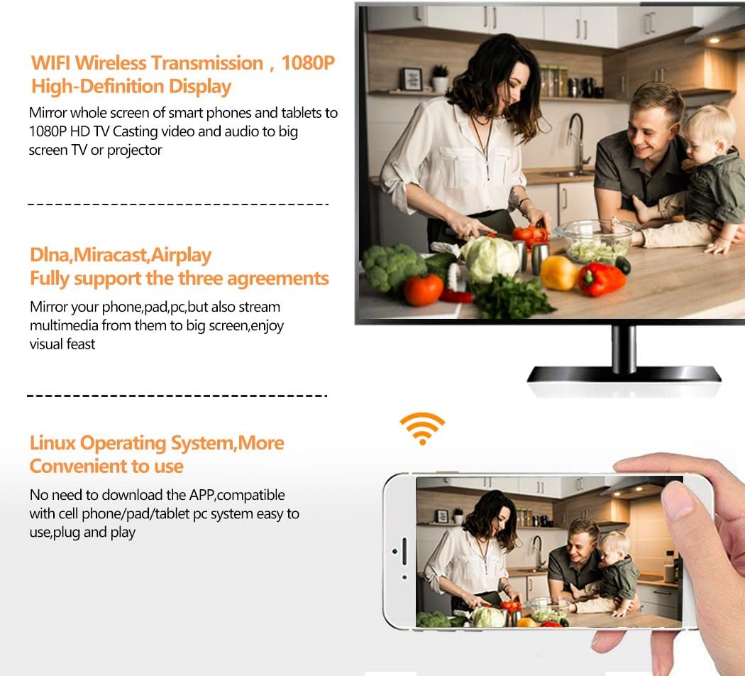 Cinati WiFi Dongle de Pantalla, Adaptateur de TV Numérique HDMI 1080P H.265 Décodage, Récepteur Wi-Fi Mini Pantalla 1080P HDMI TV Miracast DLNA Airplay pour iOS / Android / Mac, 2.4G 5G Wifi