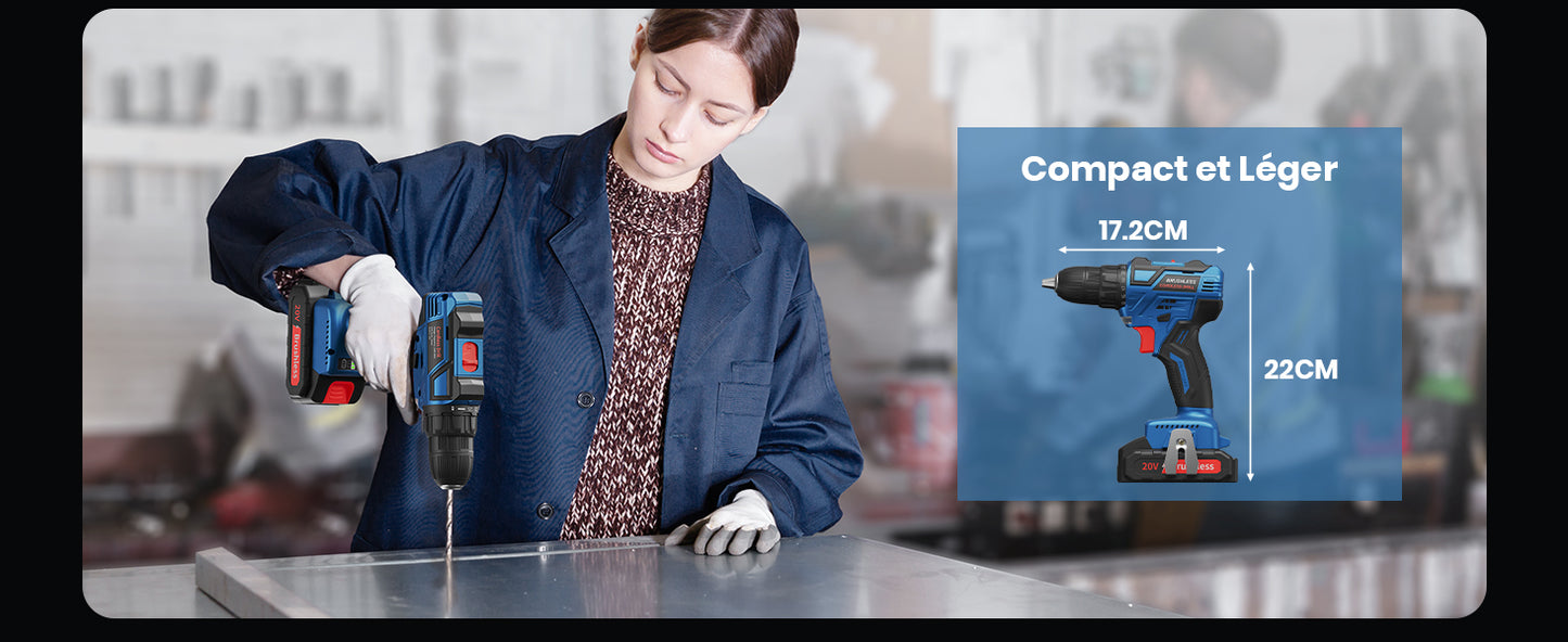Perceuse Visseuse Sans Fil, 20V brushless avec 2 Batteries + chargeur 25 Accessoires neuves