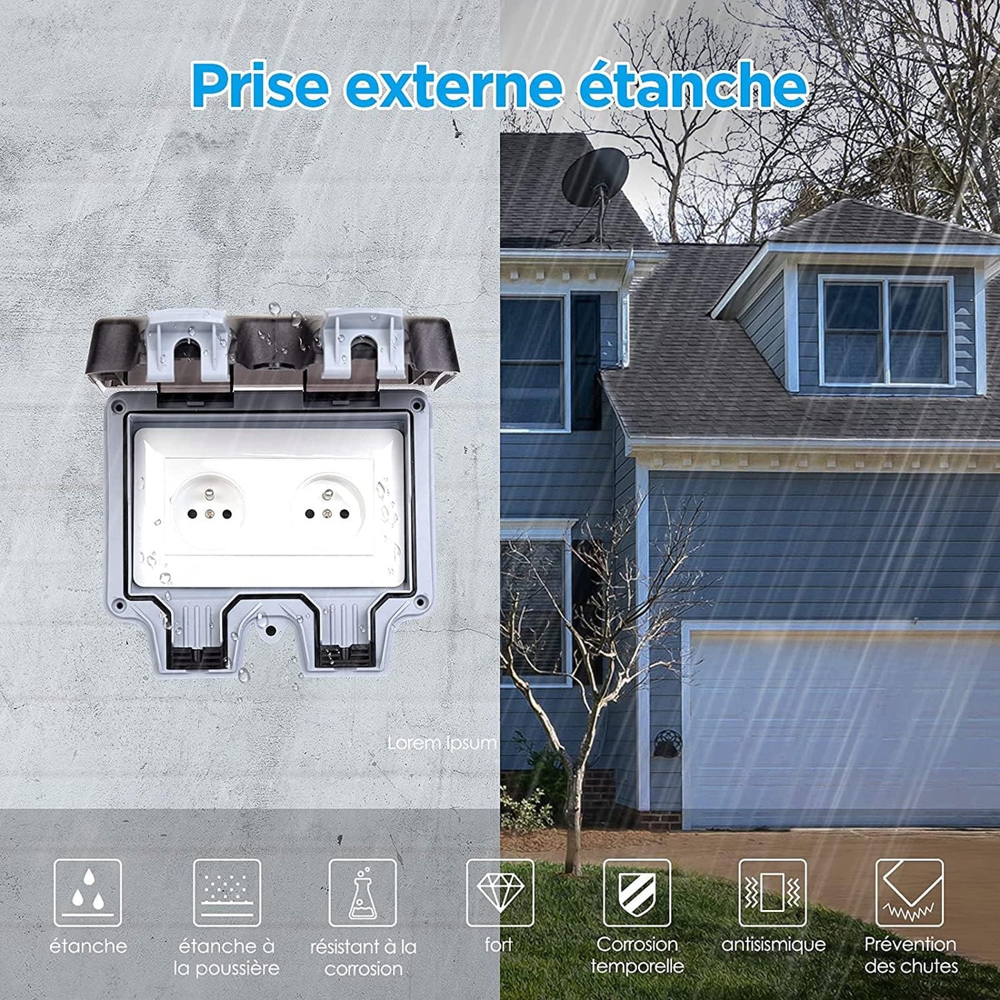 Prise Étanche Double Prise Electrique Extérieure IP66 Étanche Prise Murale 16A