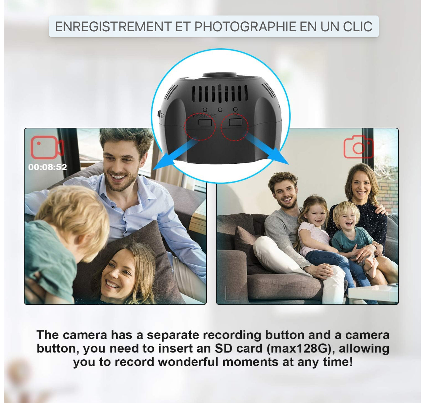 Mini Caméra WiFi, Caméra de sécurité WiFi HD 1080P avec détection de mouvement de vision nocturne 160° grand angle prend en charge la carte SD de 128 Go