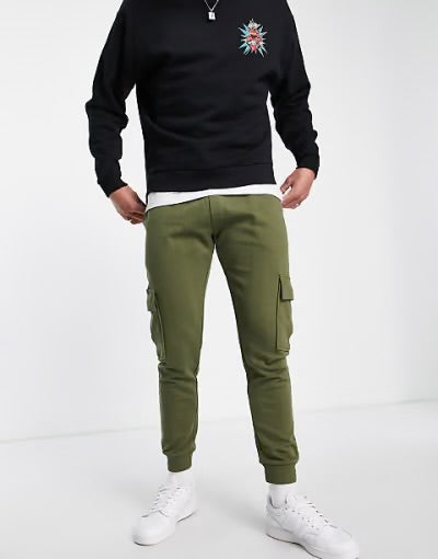 Selected Homme - Jogger cargo slim en jersey de coton mélangé - Vert kaki - KHAKI