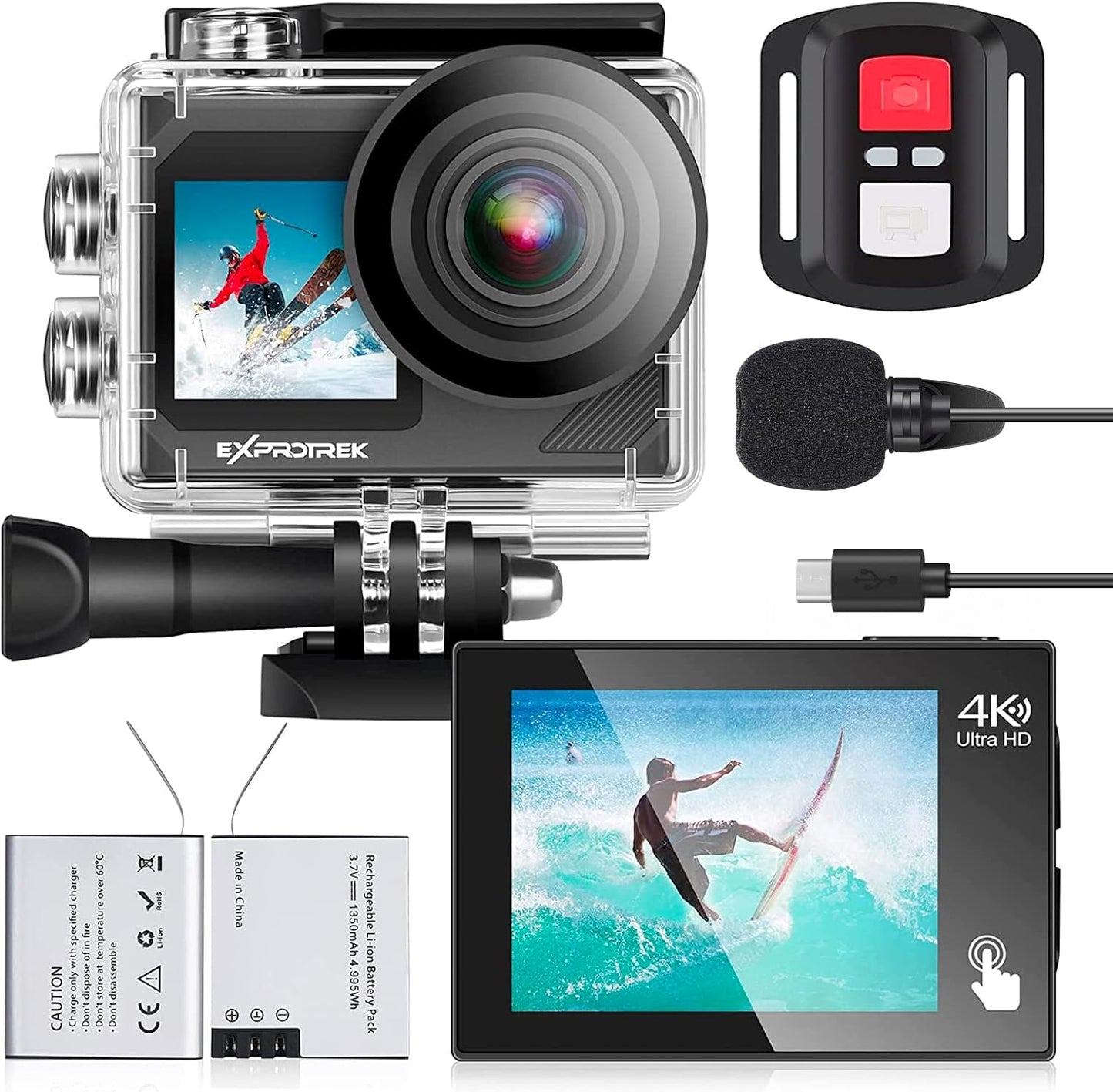 Exprotrek Action Camera 4K 30fps Ultra HD, Caméra d'action 40 m 100 Pieds étanche WiFi Ultra Grand Angle 170°, télécommande, 2 Batteries et kit d'accessoires pour Casque