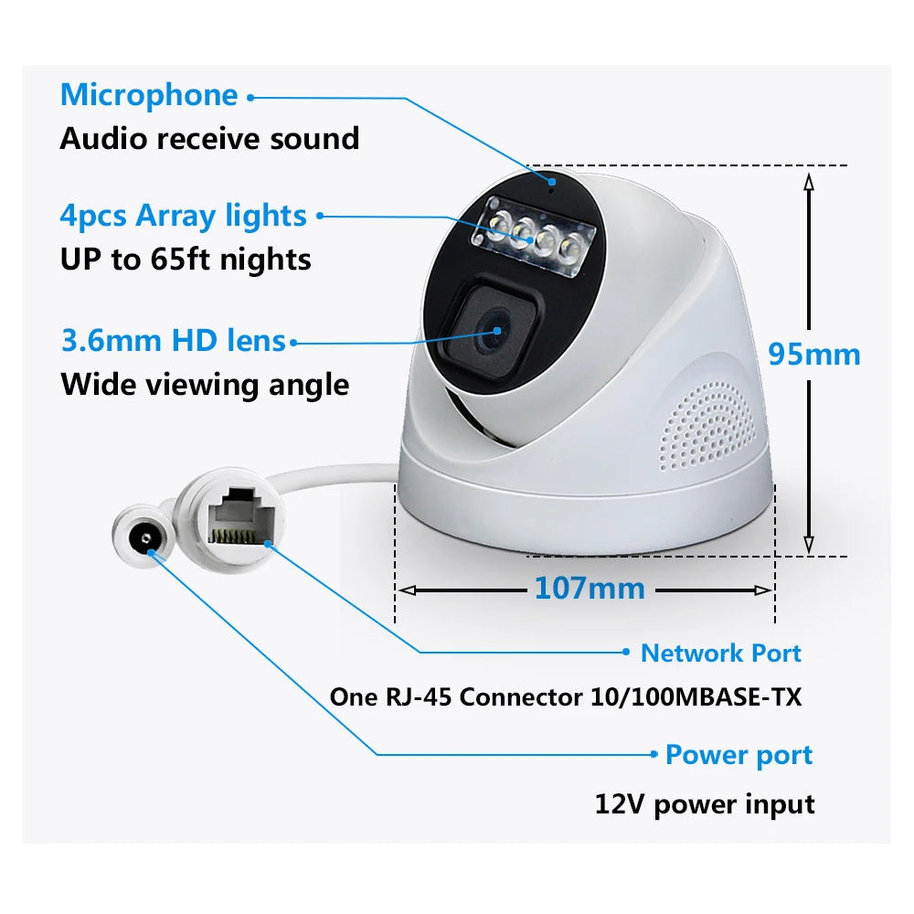 4K 8MP POE Caméra IP Audio POE/NOT POE H.265 Onvif Grand Angle 2.8mm AI Couleur Vision Nocturne Maison CCTV Vidéo Surveillance Sécurité