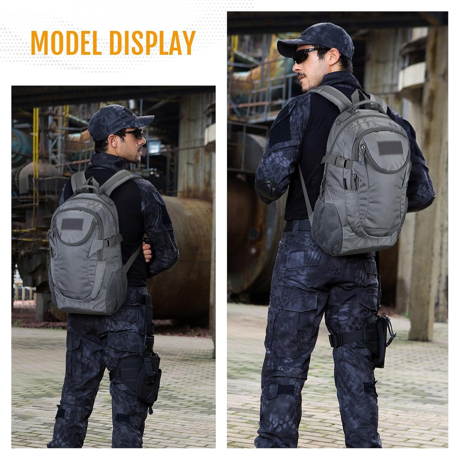 VINBAGGE Sac à dos militaire Molle - Tactique - Pour moto, randonnée, plein air - Étanche - 25 l - Campus - Chasse - Sac à dos d'écolier - Pour homme et femme - Gris, Gris-11, XXL