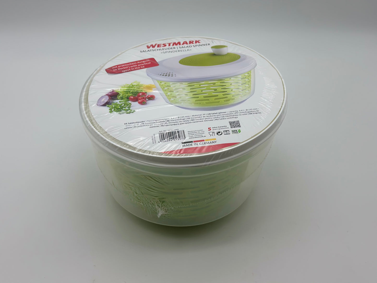 Westmark Essoreuse à Salade, Capacité : 4,4 L, ø 23,5 cm, Plastique, Sans BPA, Spinderella, Couleur: Transparent/Blanc/Vert