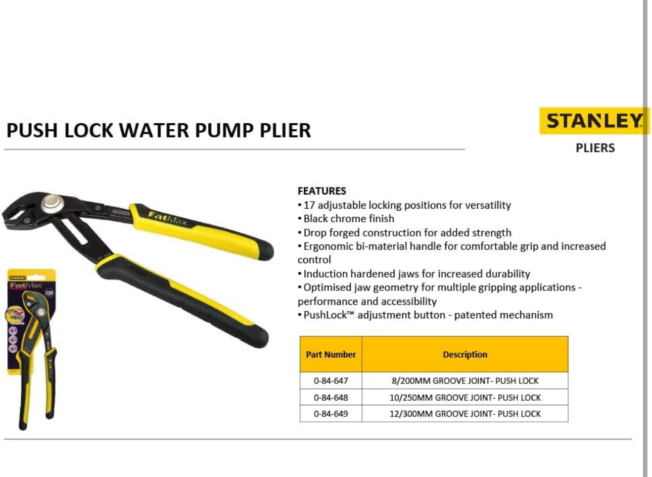 STANLEY 0-84-647 - Pince Multiprise À Verrouillage Gamme FATMAX - Mâchoire Renforcée Par Induction - Bouton Pushlock 17 Positions - Poignée Bi Matière - Finition Black Chrome - Normes Iso/Din 8976.