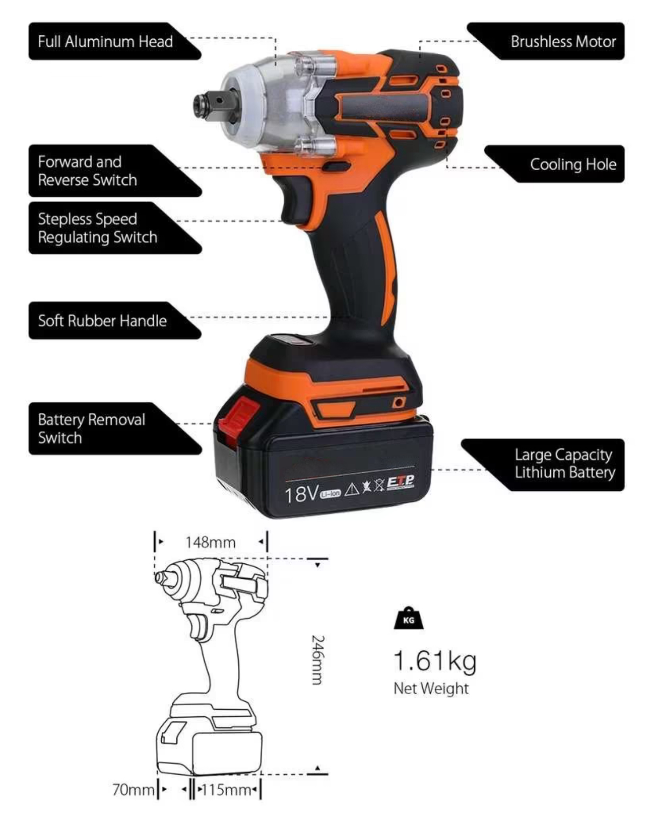 Clé à chocs sans fil brushless 18V, Chargeur, 1 batterie 3.0Ah (Compatible batterie 18V LXT Makita