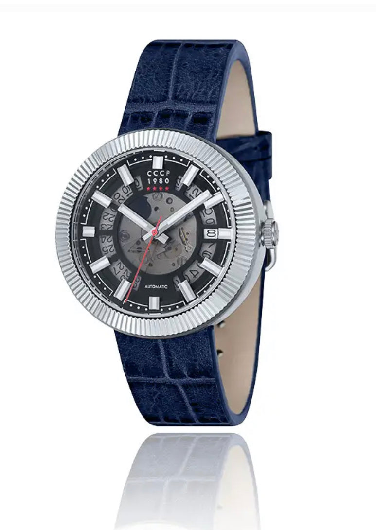 CCCP Monino CP-7025-01 Montre pour homme avec bracelet en cuir véritable Bleu