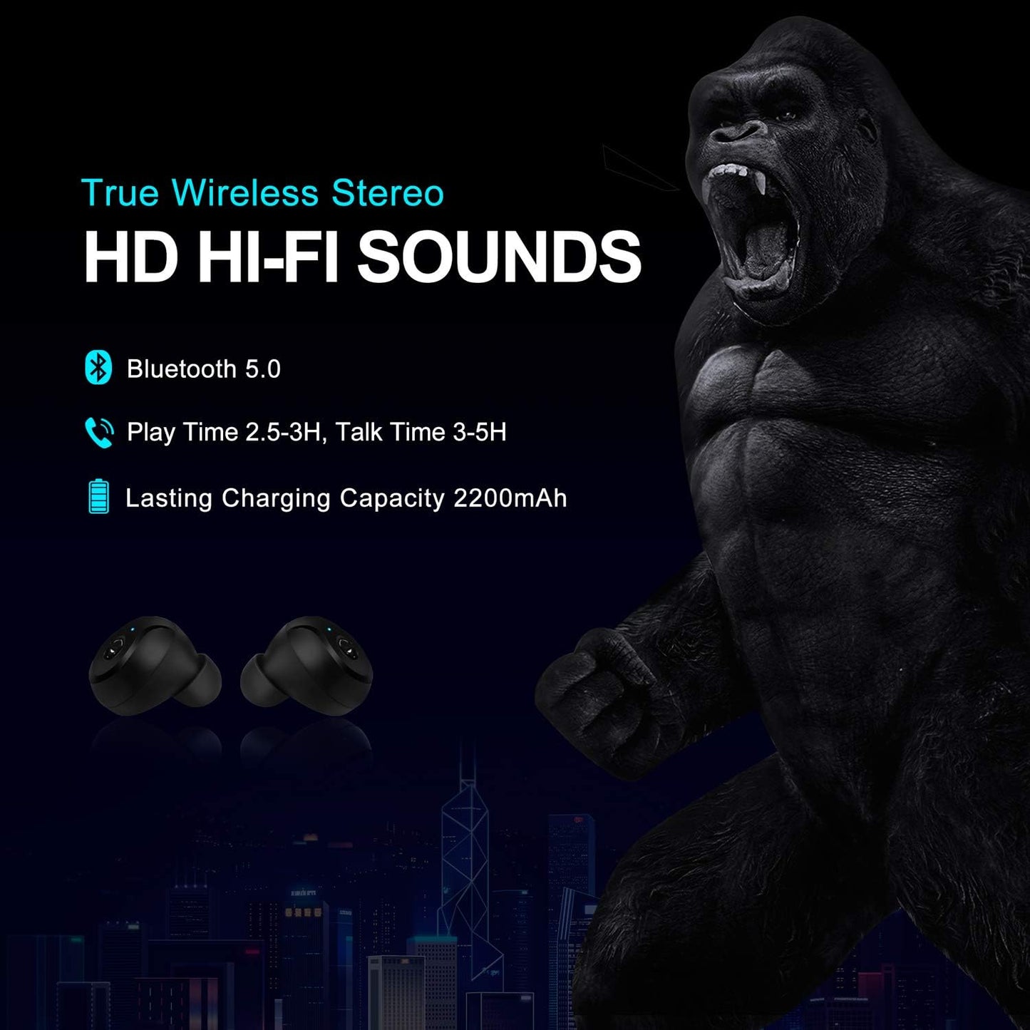 4UMOR V5.0 Ecouteur sans Fil Sport IPX7 Etanche Oreillette Bluetooth Appariement Automatique Contrôle Tactile Réduction du Bruit Casque Intra-auriculaire