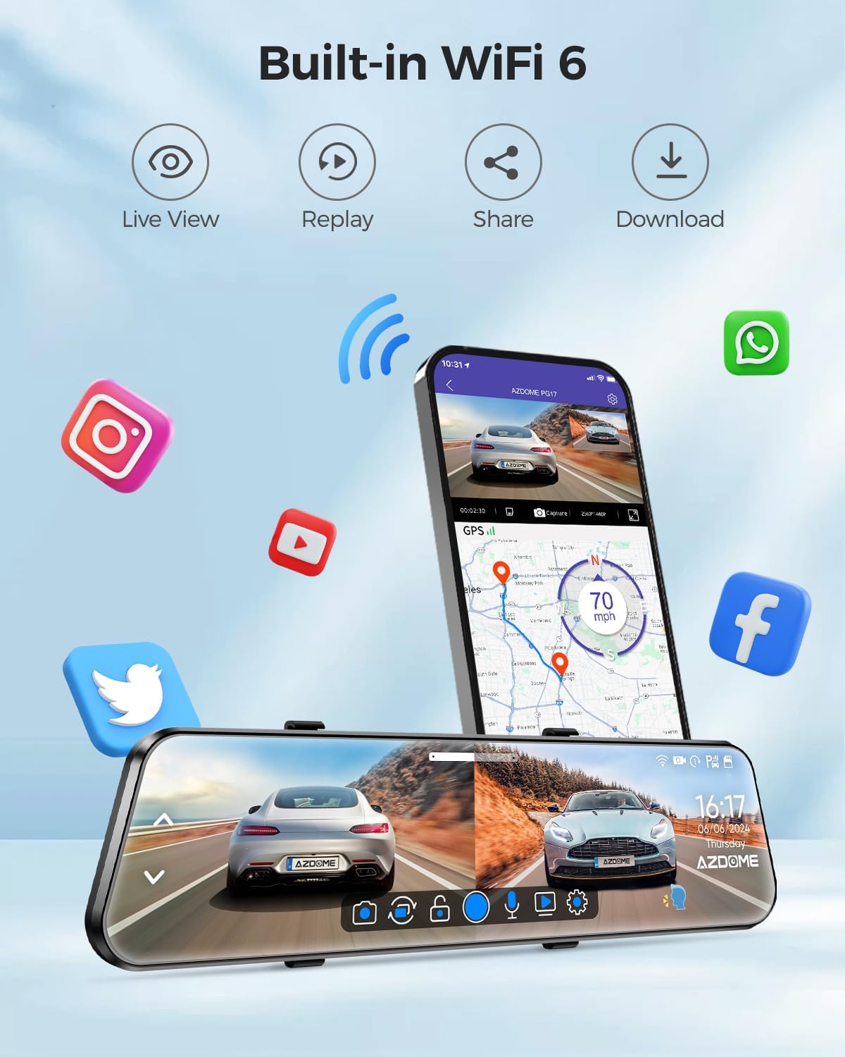 AZDOME PG17 4K Caméra de Tableau de Bord Miroir 12", caméra de rétroviseur WiFi avec caméra arrière étanche 1080P, Carte 64 Go Incluse, GPS, Vision Nocturne WDR, contrôle Vocal, Assistant de Conduite