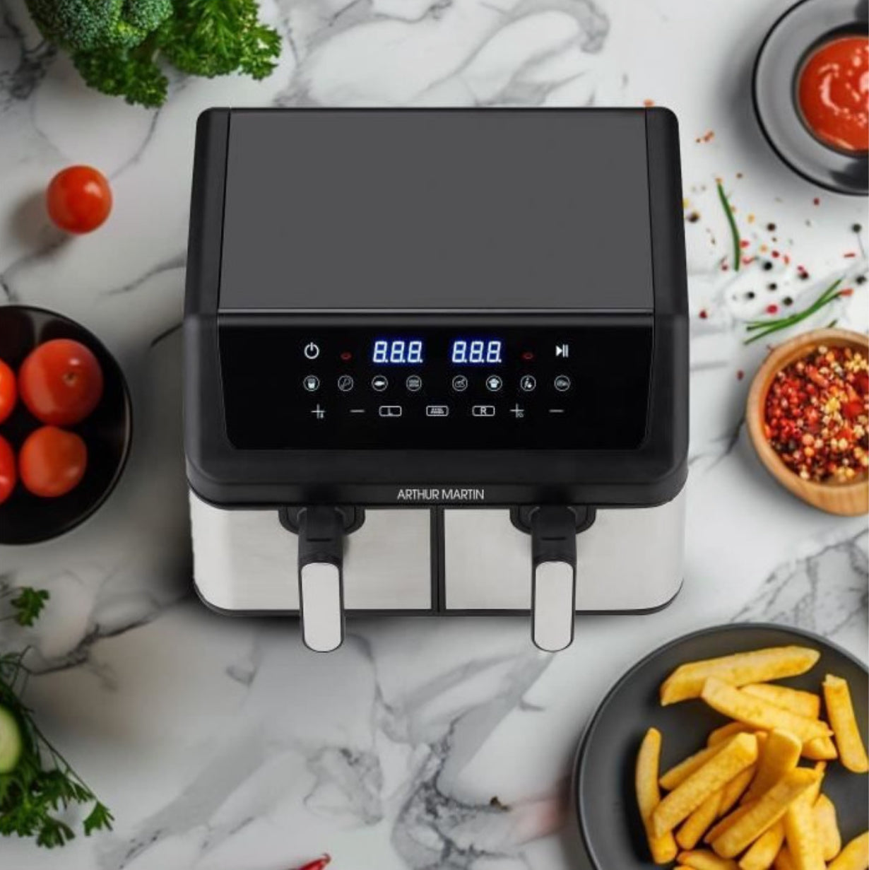 FRITEUSE SANS HUILE - ARTHUR MARTIN - AIRFRYER - 2 CUVES DE 4,5L - 2000W - AFFICHAGE LED