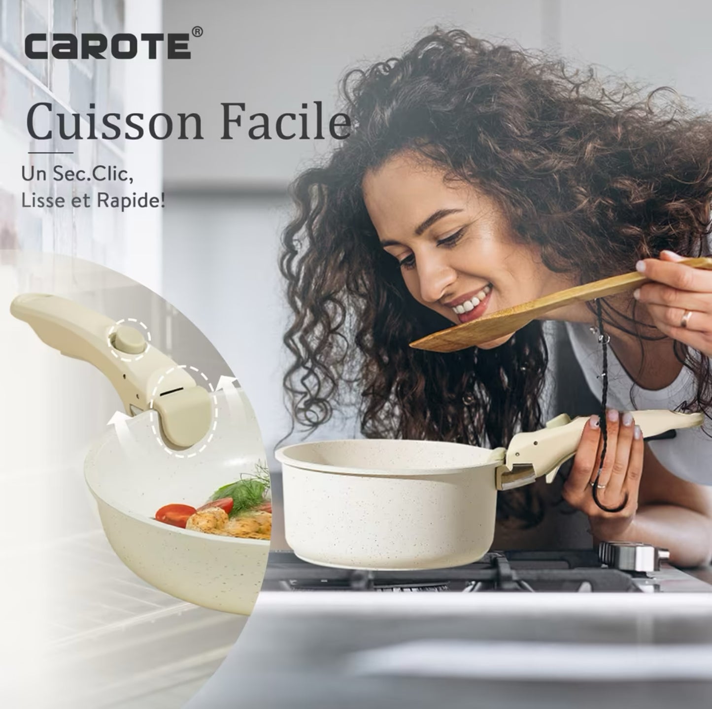 Set de 6 Pièces Carote - Poêles 22, 26, 28cm, Casserole 22cm, Poignée Amovible, Antiadhésif, Couvercles, Batterie Induction