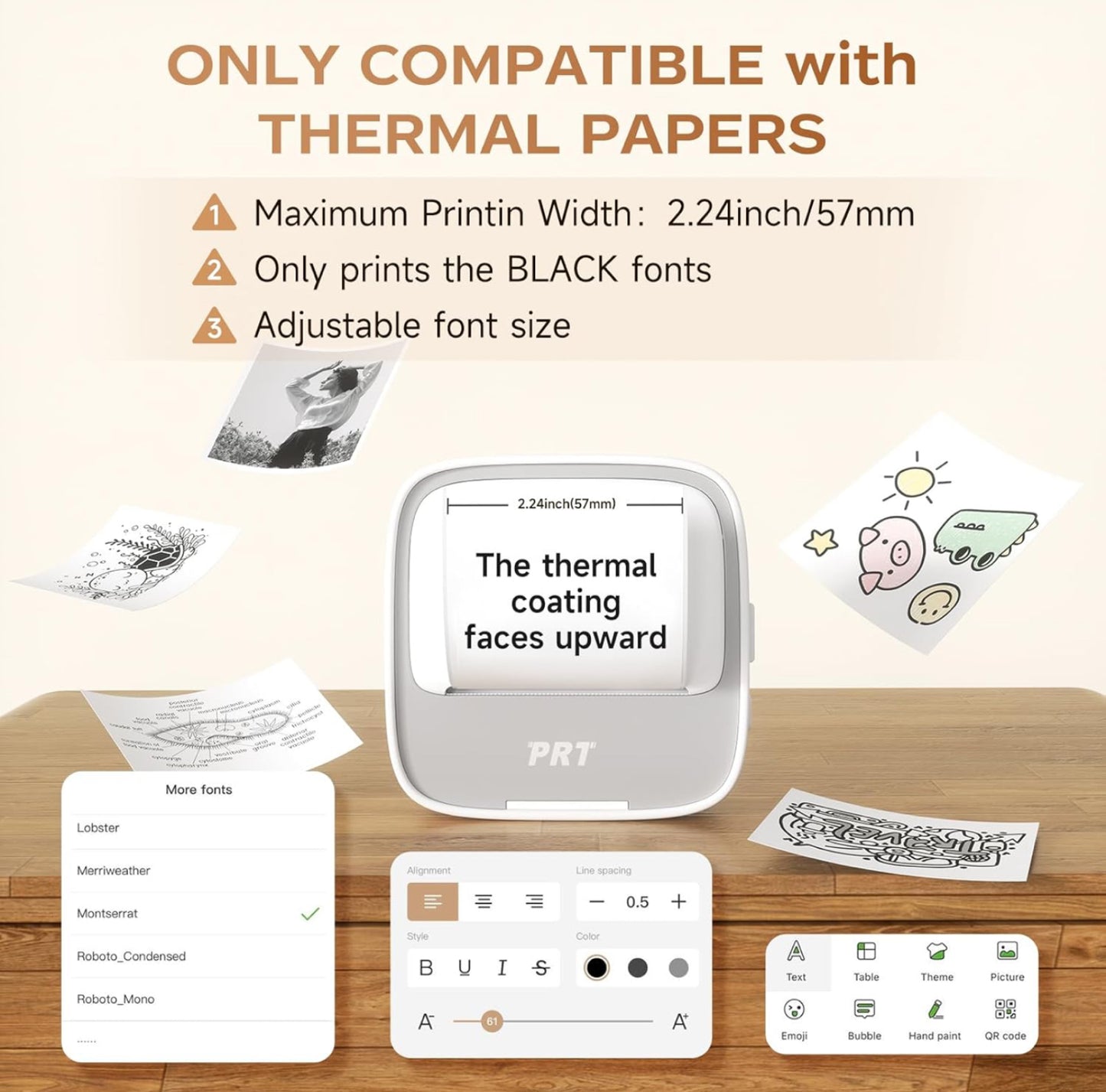 PRT Mini imprimante - Imprimante Thermique Portable sans Encre - Imprimante de Poche Bluetooth - Imprimante de téléphone pour étude, Graphiques, Photos