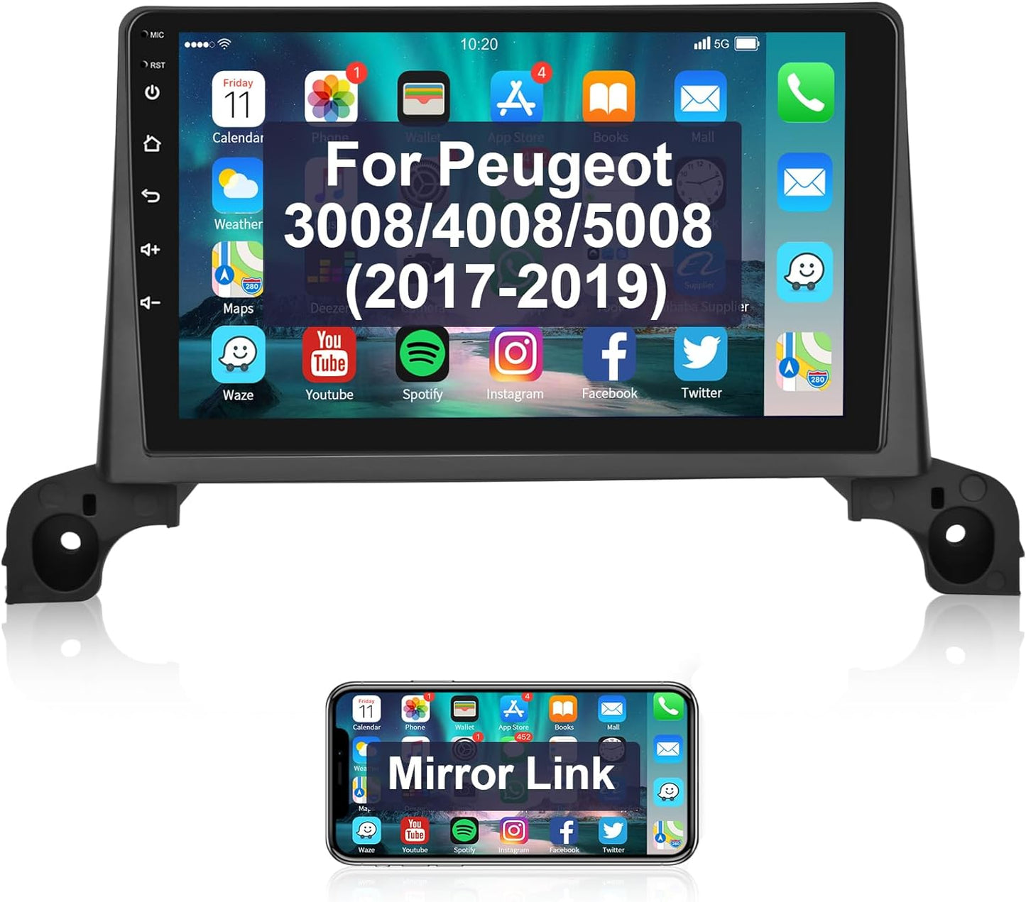 Podofo Android Autoradio pour Peugeot 5008/4008/3008 2017-2020,Auto GPS Navi 9" Écran Tactile WiFi Bluetooth FM RDS Lien Miroir USB Auto Radio Stéréo Lecteur